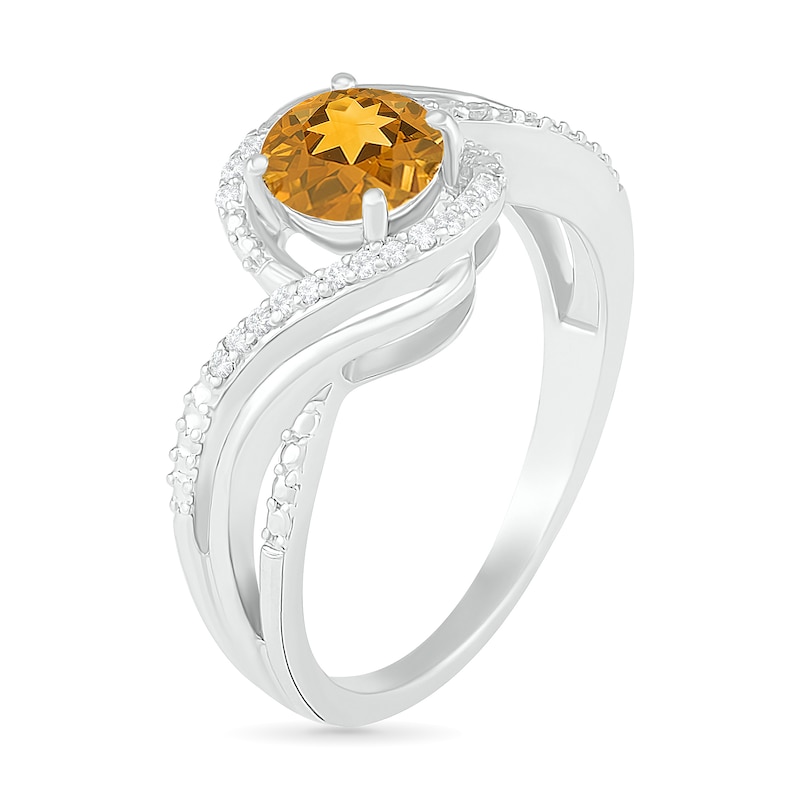 6.0mm Citrine and 0.07 CT. T.W. Diamond Beaded Triple Row Bypass Twist Shank Ring in Sterling Silver
