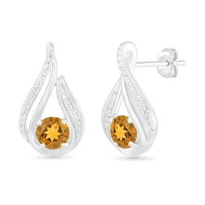 5.0mm Citrine and 0.07 CT. T.W. Diamond Beaded Open Flame Stud Earrings in Sterling Silver