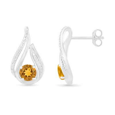 5.0mm Citrine and 0.07 CT. T.W. Diamond Beaded Open Flame Stud Earrings in Sterling Silver