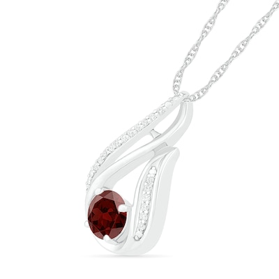 6.0mm Garnet and 0.07 CT. T.W. Diamond Beaded Open Flame Pendant in Sterling Silver