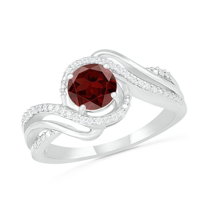 6.0mm Garnet and 0.07 CT. T.W. Diamond Beaded Triple Row Bypass Twist Shank Ring in Sterling Silver|Peoples Jewellers