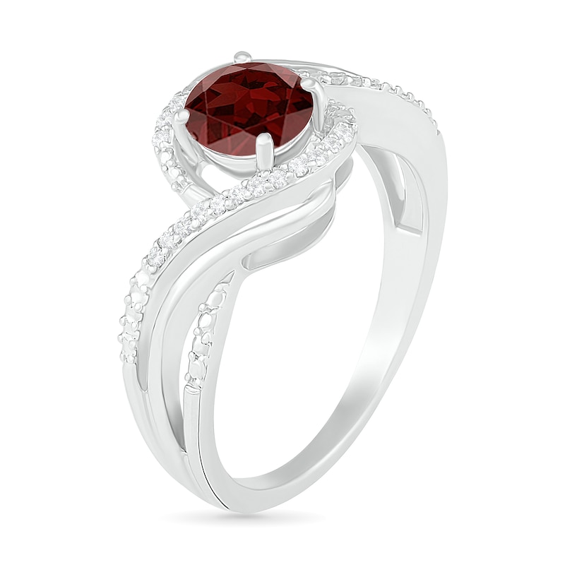 6.0mm Garnet and 0.07 CT. T.W. Diamond Beaded Triple Row Bypass Twist Shank Ring in Sterling Silver