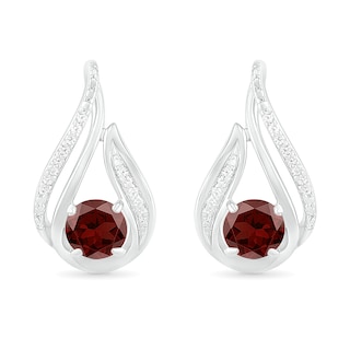 5.0mm Garnet and 0.07 CT. T.W. Diamond Beaded Open Flame Stud Earrings in Sterling Silver