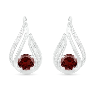 5.0mm Garnet and 0.07 CT. T.W. Diamond Beaded Open Flame Stud Earrings in Sterling Silver