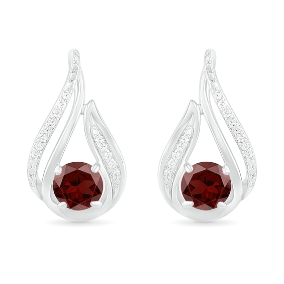 5.0mm Garnet and 0.07 CT. T.W. Diamond Beaded Open Flame Stud Earrings in Sterling Silver