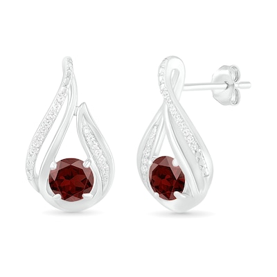 5.0mm Garnet and 0.07 CT. T.W. Diamond Beaded Open Flame Stud Earrings in Sterling Silver