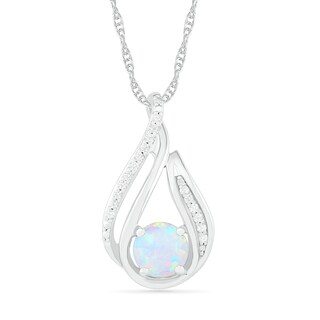 6.0mm Lab-Created Opal and 0.07 CT. T.W. Diamond Beaded Open Flame Pendant in Sterling Silver