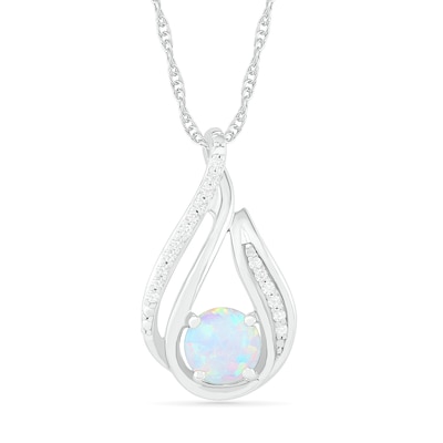 6.0mm Lab-Created Opal and 0.07 CT. T.W. Diamond Beaded Open Flame Pendant in Sterling Silver