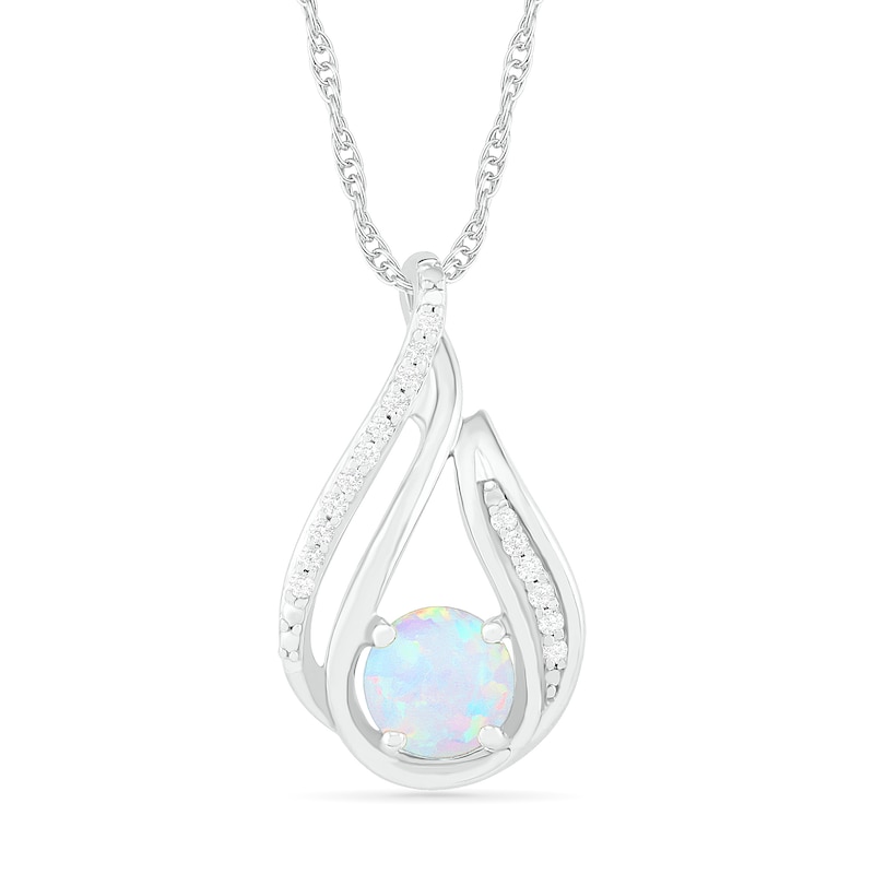 6.0mm Lab-Created Opal and 0.07 CT. T.W. Diamond Beaded Open Flame Pendant in Sterling Silver|Peoples Jewellers