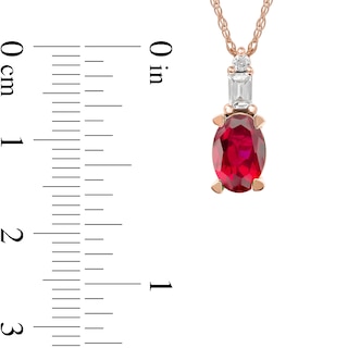 Oval Ruby and 0.05 CT. T.W. Baguette and Round Diamond Stacked Top Accent Pendant in 10K Rose Gold