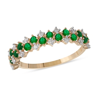 Emerald and 0.15 CT. T.W. Diamond Zig-Zag Double Row Split Shank Ring in 10K Gold