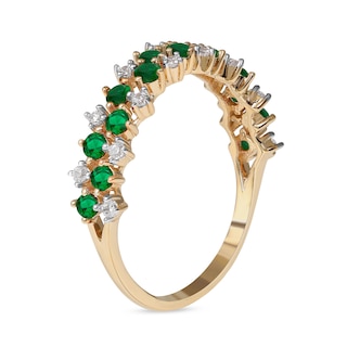 Emerald and 0.15 CT. T.W. Diamond Zig-Zag Double Row Split Shank Ring in 10K Gold