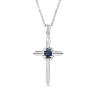 Oval Blue Sapphire and 0.04 CT. T.W. Diamond Frame Layered Cross Pendant in 10K White Gold