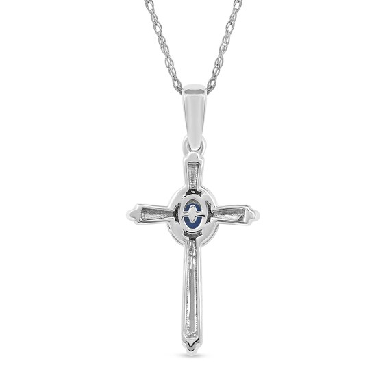 Oval Blue Sapphire and 0.04 CT. T.W. Diamond Frame Layered Cross Pendant in 10K White Gold