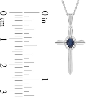 Oval Blue Sapphire and 0.04 CT. T.W. Diamond Frame Layered Cross Pendant in 10K White Gold