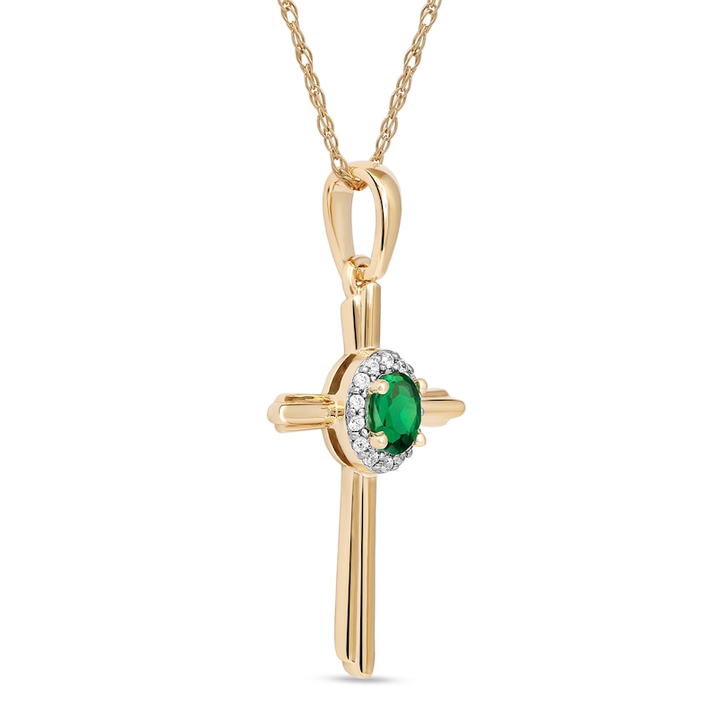 Oval Emerald and 0.04 CT. T.W. Diamond Frame Layered Cross Pendant in 10K Gold|Peoples Jewellers