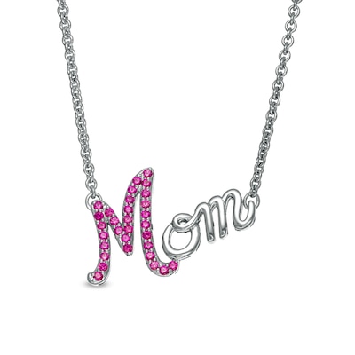 Lab-Created Ruby Cursive "Mom" Necklace in Sterling Silver