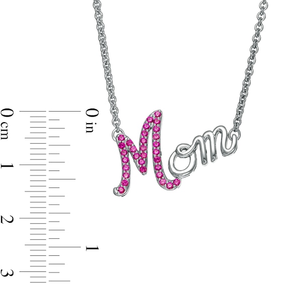 Lab-Created Ruby Cursive "Mom" Necklace in Sterling Silver