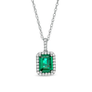 Emerald-Cut Lab-Created Emerald and White Sapphire Frame Drop Pendant Sterling Silver