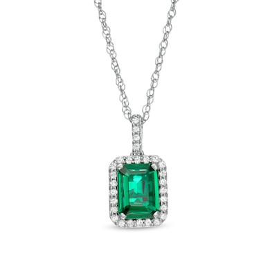 Emerald-Cut Lab-Created Emerald and White Sapphire Frame Drop Pendant Sterling Silver