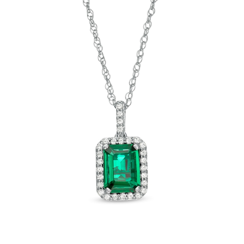 Emerald-Cut Lab-Created Emerald and White Sapphire Frame Drop Pendant Sterling Silver