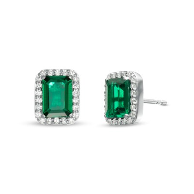 Emerald-Cut Lab-Created Emerald and White Sapphire Frame Stud Earrings in Sterling Silver