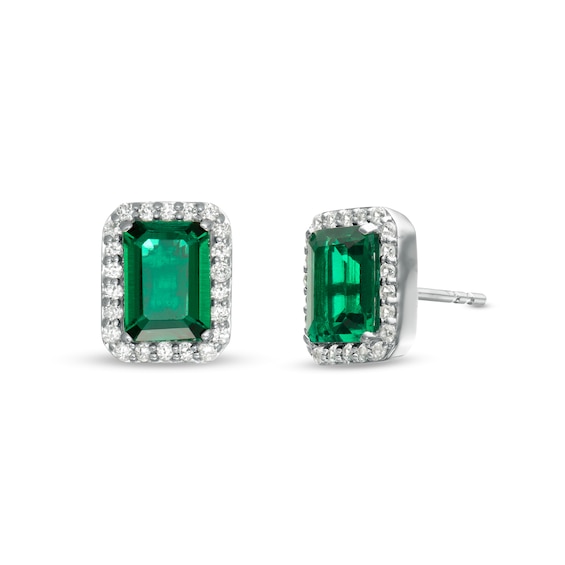 Emerald-Cut Lab-Created Emerald and White Sapphire Frame Stud Earrings ...