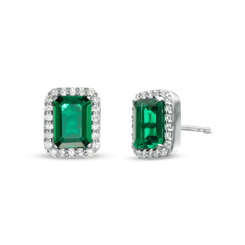 Emerald-Cut Lab-Created Emerald and White Sapphire Frame Stud Earrings in Sterling Silver|Peoples Jewellers