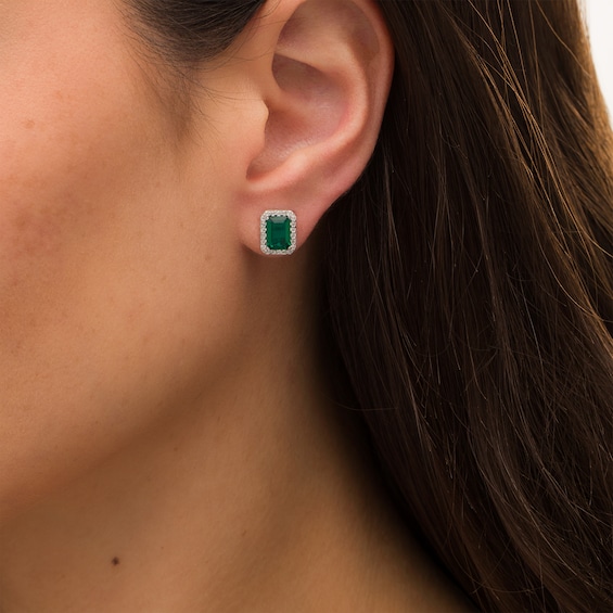 Emerald-Cut Lab-Created Emerald and White Sapphire Frame Stud Earrings in Sterling Silver