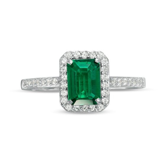 Emerald-Cut Lab-Created Emerald and White Sapphire Frame Ring in Sterling Silver