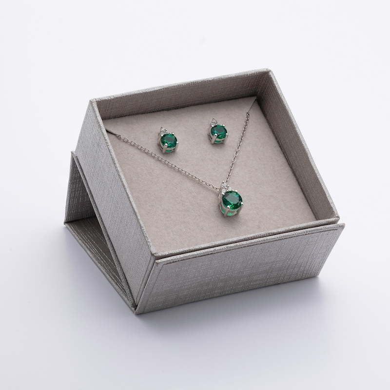Lab-Created Emerald and White Sapphire Tri-Top Pendant and Stud Earrings Set in Sterling Silver