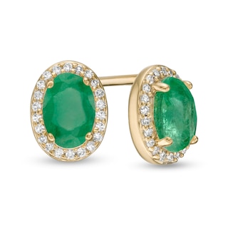 Oval Emerald and 0.088 CT. T.W. Diamond Frame Stud Earrings in 10K Gold