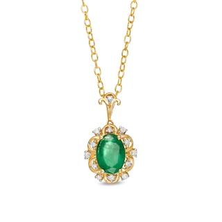 Oval Emerald and 0.05 CT. T.W. Diamond Scallop Frame Floral Drop Pendant in 10K Gold