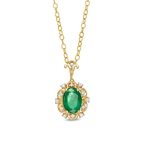 Oval Emerald and 0.05 CT. T.W. Diamond Scallop Frame Floral Drop Pendant in 10K Gold