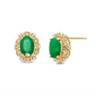 Oval Emerald and 0.07 CT. T.W. Diamond Scallop Frame Floral Stud Earrings in 10K Gold