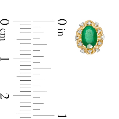 Oval Emerald and 0.07 CT. T.W. Diamond Scallop Frame Floral Stud Earrings in 10K Gold