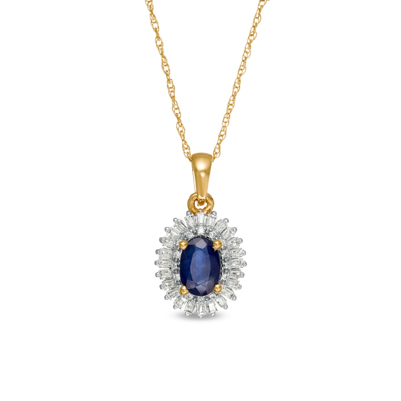 Oval Blue Sapphire and 0.19 CT. T.W. Baguette and Round Diamond Double Frame Floral Drop Pendant in 10K Gold|Peoples Jewellers