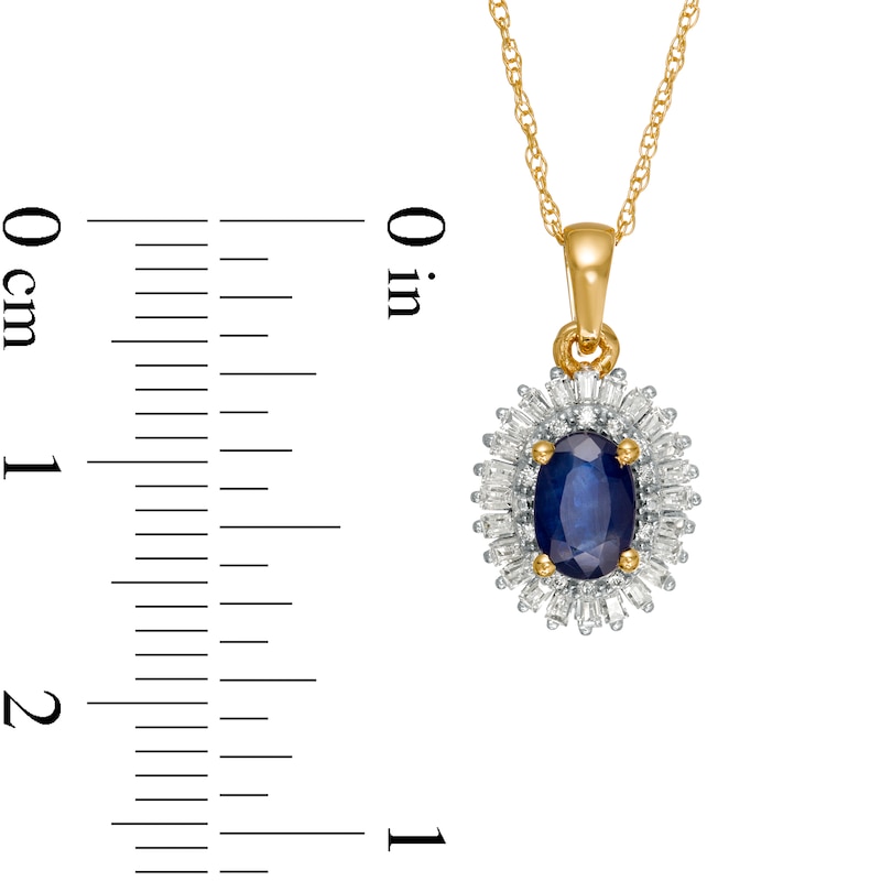 Main Image 3 of Oval Blue Sapphire and 0.19 CT. T.W. Baguette and Round Diamond Double Frame Floral Drop Pendant in 10K Gold