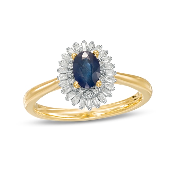 Oval Blue Sapphire and 0.19 CT. T.W. Baguette and Round Diamond Double Frame Floral Ring in 10K Gold