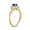 Thumbnail Image 2 of Oval Blue Sapphire and 0.19 CT. T.W. Baguette and Round Diamond Double Frame Floral Ring in 10K Gold