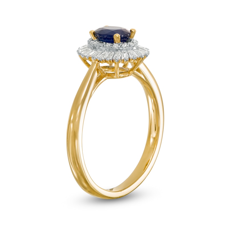 Oval Blue Sapphire and 0.19 CT. T.W. Baguette and Round Diamond Double Frame Floral Ring in 10K Gold