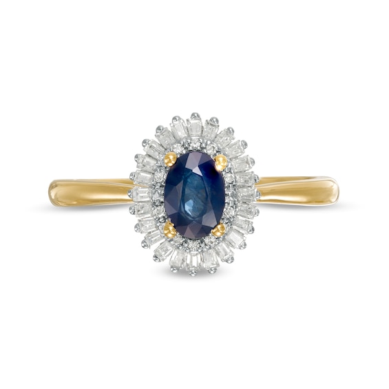 Oval Blue Sapphire and 0.19 CT. T.W. Baguette and Round Diamond Double Frame Floral Ring in 10K Gold