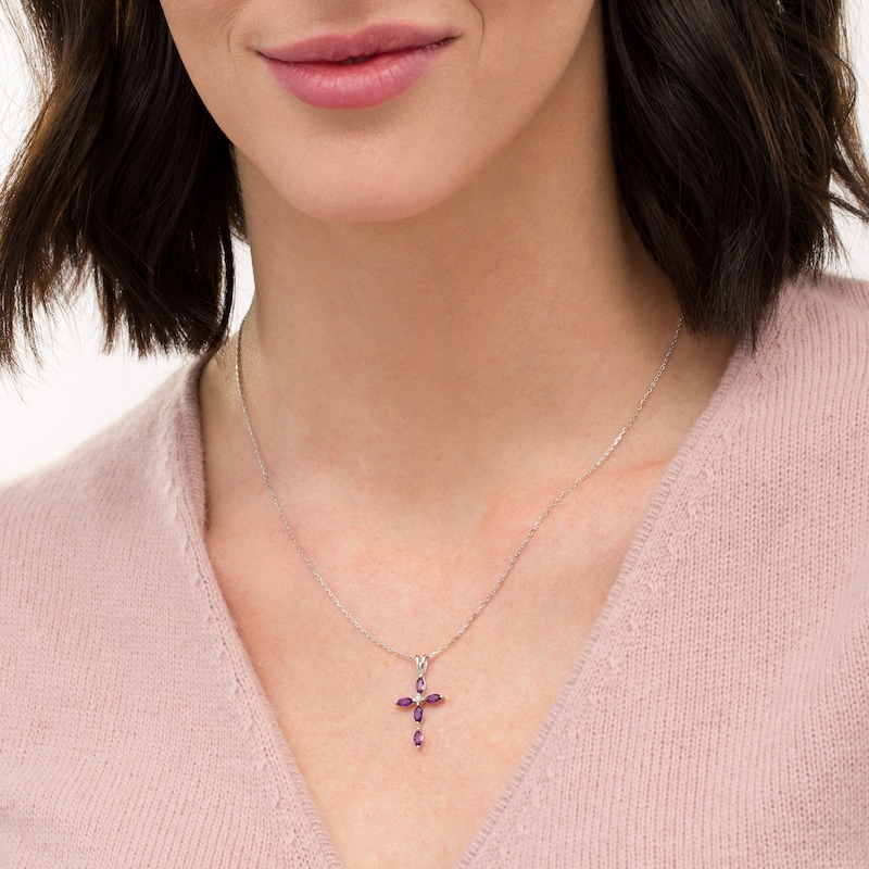 Marquise Amethyst and Diamond Accent Cross Pendant in 10K White Gold