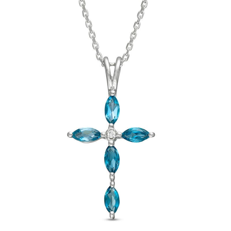 Marquise London Blue Topaz and Diamond Accent Cross Pendant in 10K White Gold