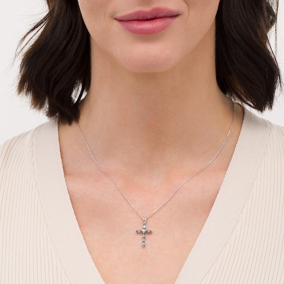 Marquise London Blue Topaz and Diamond Accent Cross Pendant in 10K White Gold