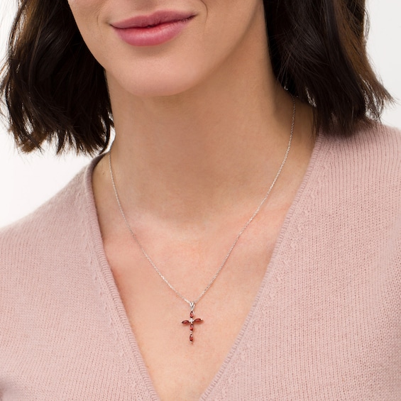 Marquise Garnet and Diamond Accent Cross Pendant in 10K White Gold