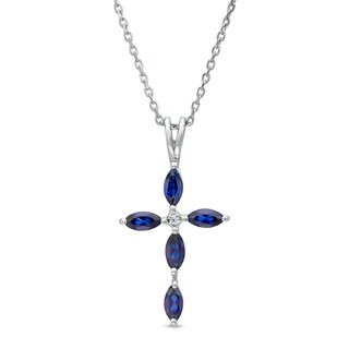 Marquise Blue Lab-Created Sapphire and Diamond Accent Cross Pendant in 10K White Gold