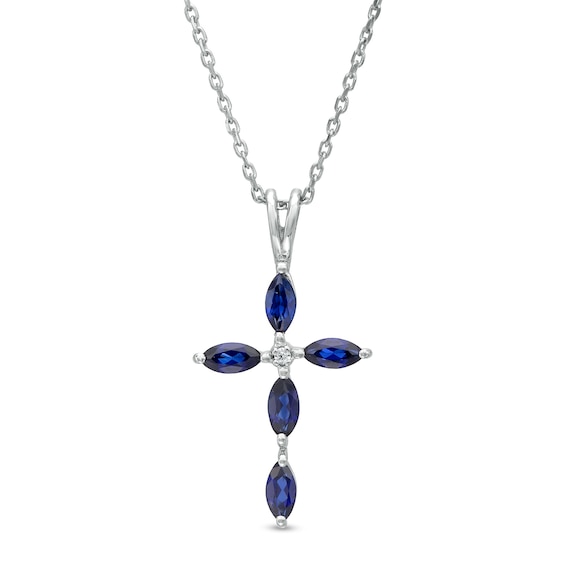 Marquise Blue Lab-Created Sapphire and Diamond Accent Cross Pendant in 10K White Gold