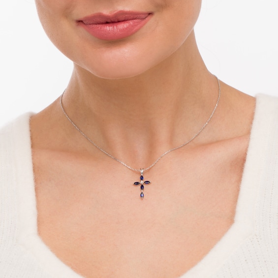 Marquise Blue Lab-Created Sapphire and Diamond Accent Cross Pendant in 10K White Gold