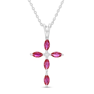 Marquise Lab-Created Ruby and Diamond Accent Cross Pendant in 10K White Gold